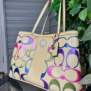 Multicolored Metallics & Creme Patent Leather Large Coach Signature Purse